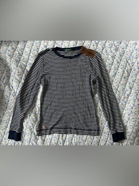 Lauren Ralph Lauren Navy Blue White Striped Faux Suede Tan Patch Sweater Size M